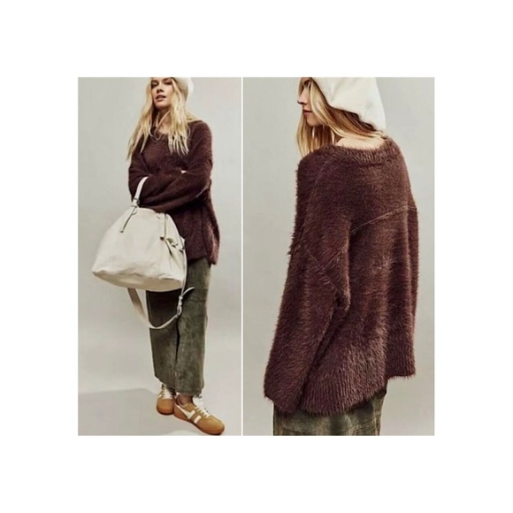 Free People Harrison Bunny Crew Neck Sweater, NWT, Medium, Mocha Brown